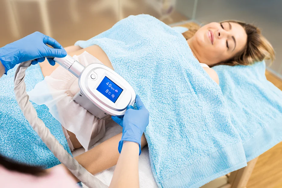 a woman getting coolsculpting on stomach